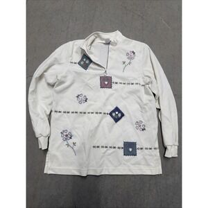 Vintage Alfred Dunner Sweater White Pastel Color Floral Embroidery Size Small